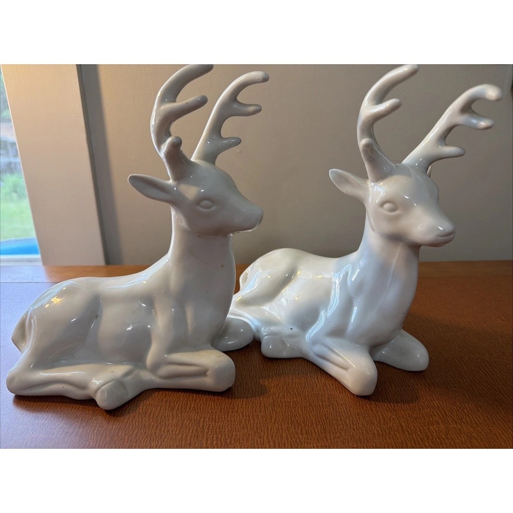 Vintage Pair Of White Porcelain Christmas‎ Deer Buck Laying Figurine 8.5"